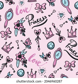 Seamless pattern with princess stuff. Cute background for girls, textile, fabric, stationery, clothes, wrapping paper, socks and other designs.