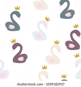 Seamless pattern with princess swan and gold glitter crown. Vector hand drawn illustration.