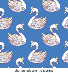 Seamless pattern with princess swan. Lovely vector illustration and design for fabrics, textile, wallpaper and background.