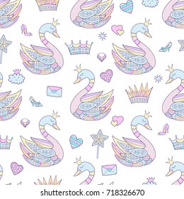Seamless pattern with princess swan. Lovely vector illustration and design for fabrics, textile, wallpaper and background.