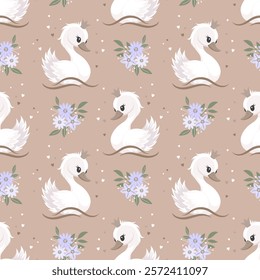 Seamless pattern with princess swans and flowers on beige background. Cute background for decorating children's bedroom. Print