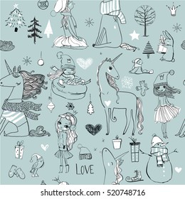 seamless pattern with princess and unicorn