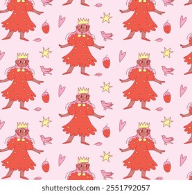 Seamless Pattern of Princesses with Crowns, Birds, Stars, Hearts, and Leaves. Playful and Whimsical Design in Red and Pink Tones. Composition for Kids and Fantasy Themes. Flat Vector Illustration.