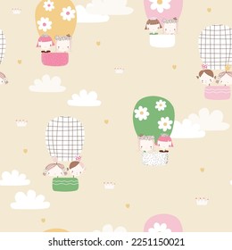Seamless pattern with princesses flying in hot air balloons. Childish print. Vector hand drawn illustration.
