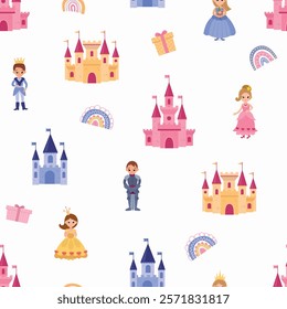 Seamless pattern with princesses, knights and castles. Design for fabric, textile, wallpaper, packaging
