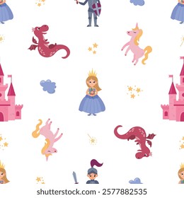Seamless pattern with princesses, knights and dragons. Design of fabric, textiles, wallpaper, packaging
