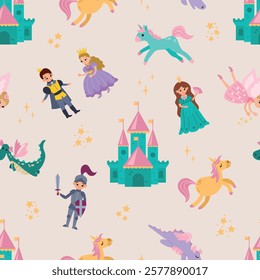 Seamless pattern with princesses, knights and dragons. Design of fabric, textiles, wallpaper, packaging