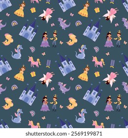 Seamless pattern with princesses, princes, unicorns, dragons and castles. Endless textures for your design
