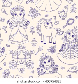 Seamless pattern with princesses. Scribble cartoon background for children.