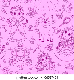 Seamless pattern with princesses. Scribble pink cartoon background for children.