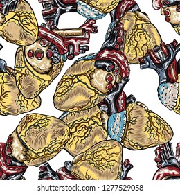 Seamless pattern print of anatomical human hearts. Valentine's day endless design background. Vector.