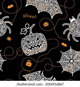 Seamless pattern for print, background. Games and puzzles for the halloween holiday. Labyrinth conundrum. Flat vector illustration isolated on black background. One Entrance, One Exit. 