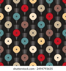 Seamless pattern print background with vinyl record disks vector illustration music  wallpaper decorative artistic texture 