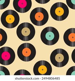 Seamless pattern print background with vinyl record disks vector illustration music  wallpaper decorative artistic texture 