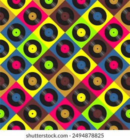 Seamless pattern print background with vinyl record disks vector illustration music  wallpaper decorative artistic texture 