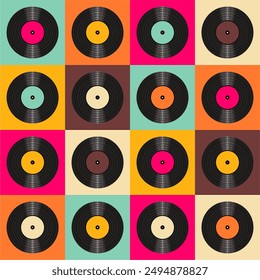 Seamless pattern print background with vinyl record disks vector illustration music  wallpaper decorative artistic texture 