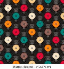 Seamless pattern print background with vinyl record disks vector illustration music  wallpaper decorative artistic texture 