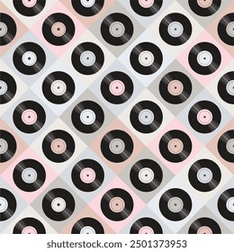 Seamless pattern print background with vinyl record disks vector illustration music  wallpaper decorative artistic texture 