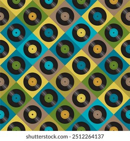 Seamless pattern print background with vinyl record disks vector illustration music  wallpaper decorative artistic texture 