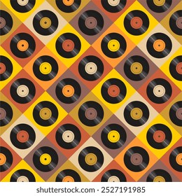 Plano de fundo de impressão padrão contínuo com discos de gravação de vinil ilustração vetor música papel de parede textura artística decorativa