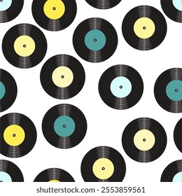 Seamless pattern print background with vinyl record disks vector illustration music wallpaper decorative artistic texture	
