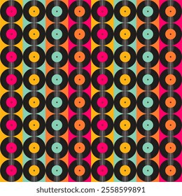 Seamless pattern print background with vinyl record disks vector illustration music wallpaper decorative artistic texture