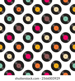 Seamless pattern print background with vinyl record disks vector illustration music wallpaper decorative artistic texture	
