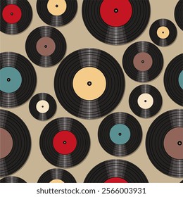 Seamless pattern print background with vinyl record disks vector illustration music wallpaper decorative artistic texture	
