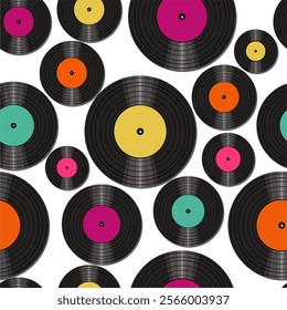 Seamless pattern print background with vinyl record disks vector illustration music wallpaper decorative artistic texture	
