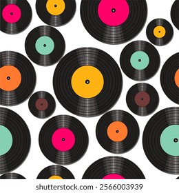 Seamless pattern print background with vinyl record disks vector illustration music wallpaper decorative artistic texture	
