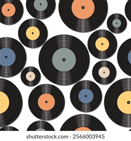 Seamless pattern print background with vinyl record disks vector illustration music wallpaper decorative artistic texture	
