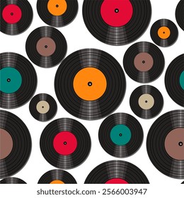 Seamless pattern print background with vinyl record disks vector illustration music wallpaper decorative artistic texture	
