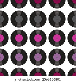  Seamless pattern print background with vinyl record disks vector illustration music wallpaper decorative artistic texture 60s, 70s, 80s, 90s 