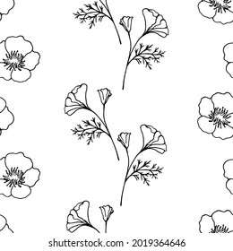 Seamless pattern with print from black and white contour branches with flower. Vector illustration for festive design, packaging, wallpaper, fabric, textile, stationery, accessories.