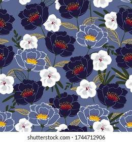 Seamless pattern print with blooming flowers white and purple. Hand drawn florals collection. Desin for fashion ,fabric,web,wallpaper,wrapping cover,and all prints on trendy purple background color
