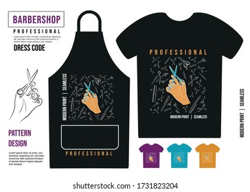 Seamless pattern. Print for clothes. Patterns for packaging. Professional scissors for haircuts and hairbrush. Drawing for a hairdresser.