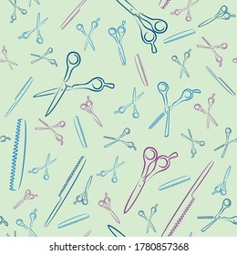 Seamless pattern. Print for clothes. Patterns for packaging. Professional scissors for haircuts and hairbrush. Drawing for a hairdresser.