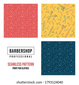 Seamless pattern. Print for clothes. Patterns for packaging. Professional scissors for haircuts and hairbrush. Drawing for a hairdresser.