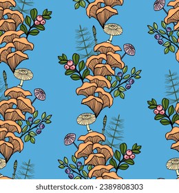 Seamless pattern with a print of colorful bouquets of autumn forest plants, berries, mushrooms on a blue background. Vector illustration for your design.