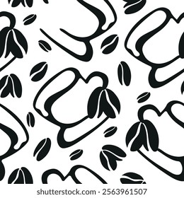 seamless pattern with a print of a cup with a saucer and coffee beans placed randomly, for different packaging, textiles or different designs