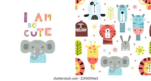 Seamless pattern and print with cute jungle animals. Greeting card and wrapping paper set. T-shirt print and kids fabric design. Vector illustration