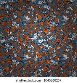 Seamless pattern Print. Design. Vector. Nice fabric pattern. Flat elements. Doodles blue, black and orange on colors.