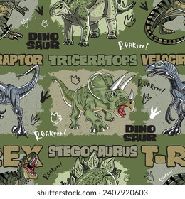 patrón ininterrumpido para impresión, dinosaurios t-rex, triceratops, estegosaurus, velociraptor, dinosaurios en ruinas, patrón de dino