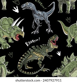 seamless pattern for print, dinosaurs t-rex, triceratops, stegosaurus, velociraptor, roaring dinosaurs, dino pattern on black background