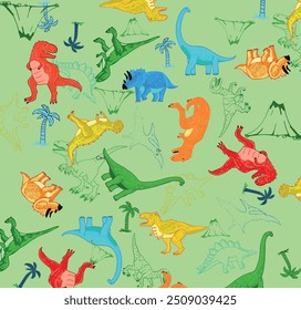 padrão perfeito para impressão, dinossauros t-rex, triceratops, stegosaurus, velociraptor, dinossauros rugidos, padrão dino