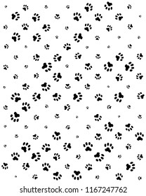 Seamless pattern of print of dogs paws on a white background