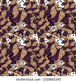 Seamless pattern Print. Doodles beige, black and brown on colors. Fashionable fabric pattern. Vector. Design wrapping and gift paper, greeting cards, banner and posters design.