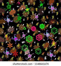 Seamless pattern Print. Doodles black, brown and green on colors. Vector. Fashionable fabric pattern.