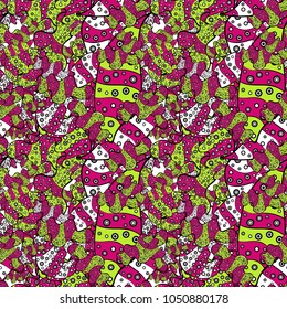 Seamless pattern Print. Doodles magenta, black and green on colors. Vector. Flat elements. Tender fabric pattern. Design.