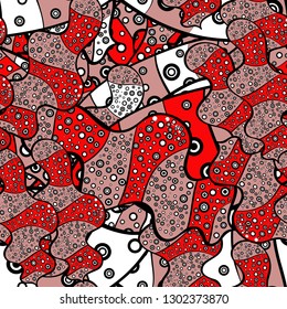 Seamless pattern Print. Doodles pink, red and black on colors. Flat elements. Vector. Design. Tender fabric pattern.